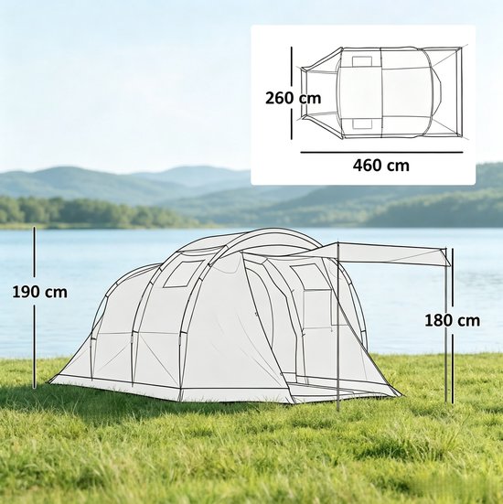 DESMIU Tunneltent - 4 Personen - 460 x 260 x 190 cm - Polyester - Blauw - Stahoogte 190 cm, Dubbele Wand Met Voorluifel — afbeelding 2