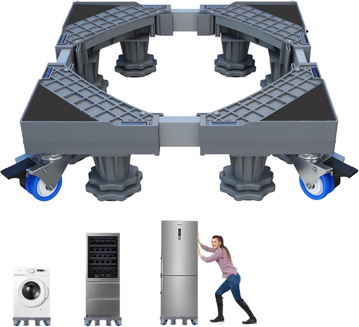 Verstelbaar telescopisch koelkastrek voor elektrische apparaten, trillingsarme wasdrogerhouder met 4 draaibare wielen en 8 stabiele poten, ideaal voor het verplaatsen van meubels en apparaten