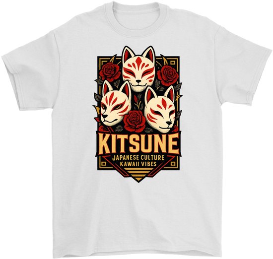 Wit t-shirt met opdruk van drie Japanse Kitsune-maskers, rode rozen en tekst: KITSUNE, JAPANESE CULTURE, KAWAII VIBES.