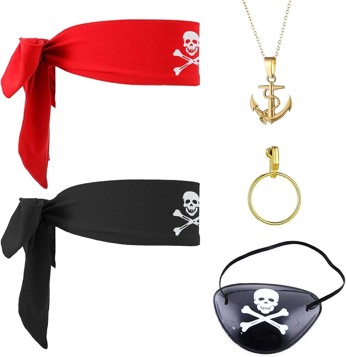 5-delige Piraten Kostuum Set - Ooglapjes, Hoepel Oorbellen, Hoofddoek en Vintage Ketting - Perfect voor Halloween en Piratenfeesten