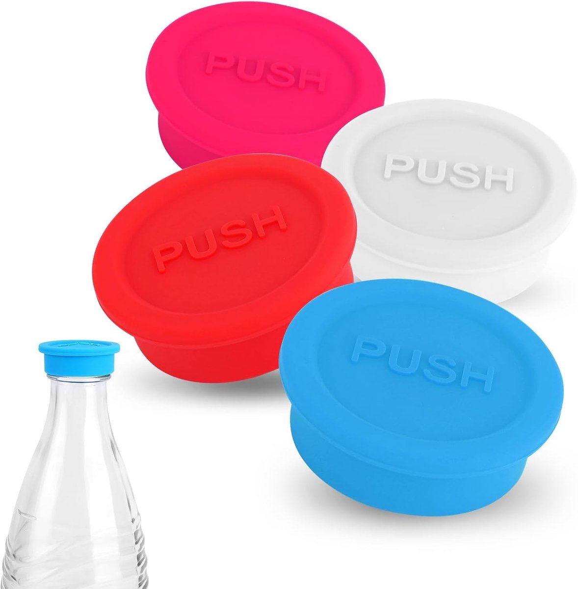 Herbruikbare siliconen deksels voor frisdrankflessen - Set van 4 in rood, roze, blauw en wit - Geschikt voor glazen flessen en Sodastream accessoires
