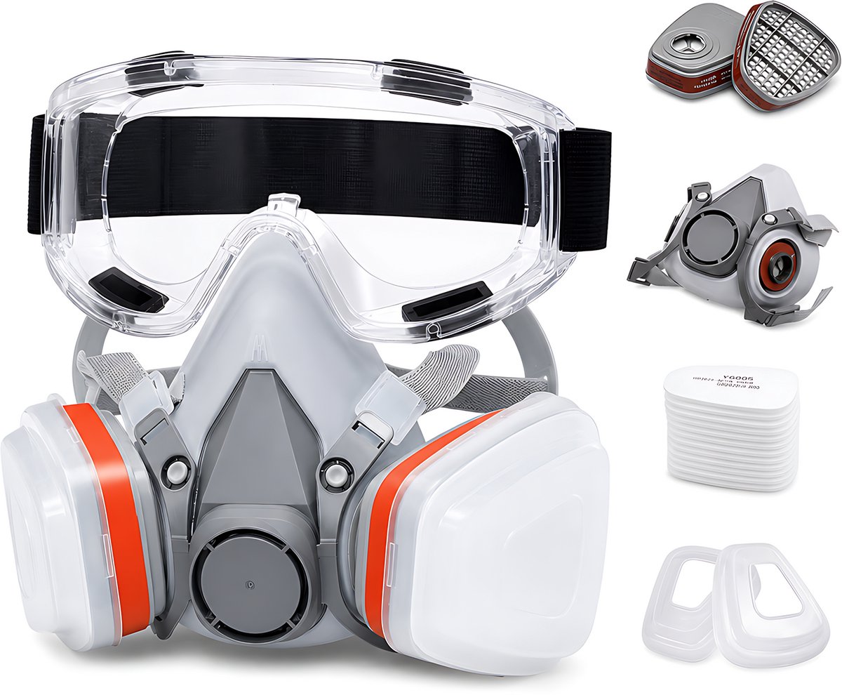 Herbruikbaar Beschermingsmasker met Filter - 15-delige Set met Veiligheidsbril - Ademhalingsmasker voor Schilderen, Schuren, Lassen en Renovatie - Masker met Filterpatronen en Filterkatoen - Voor Werkplaats en Bouw