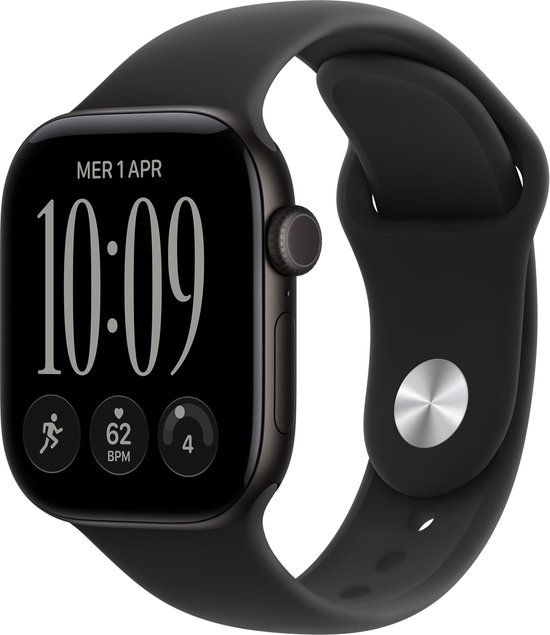 Zwarte Apple Watch met digitale wijzerplaat met tijd 10:09, datum wo 1 apr, en activiteiten pictogrammen.