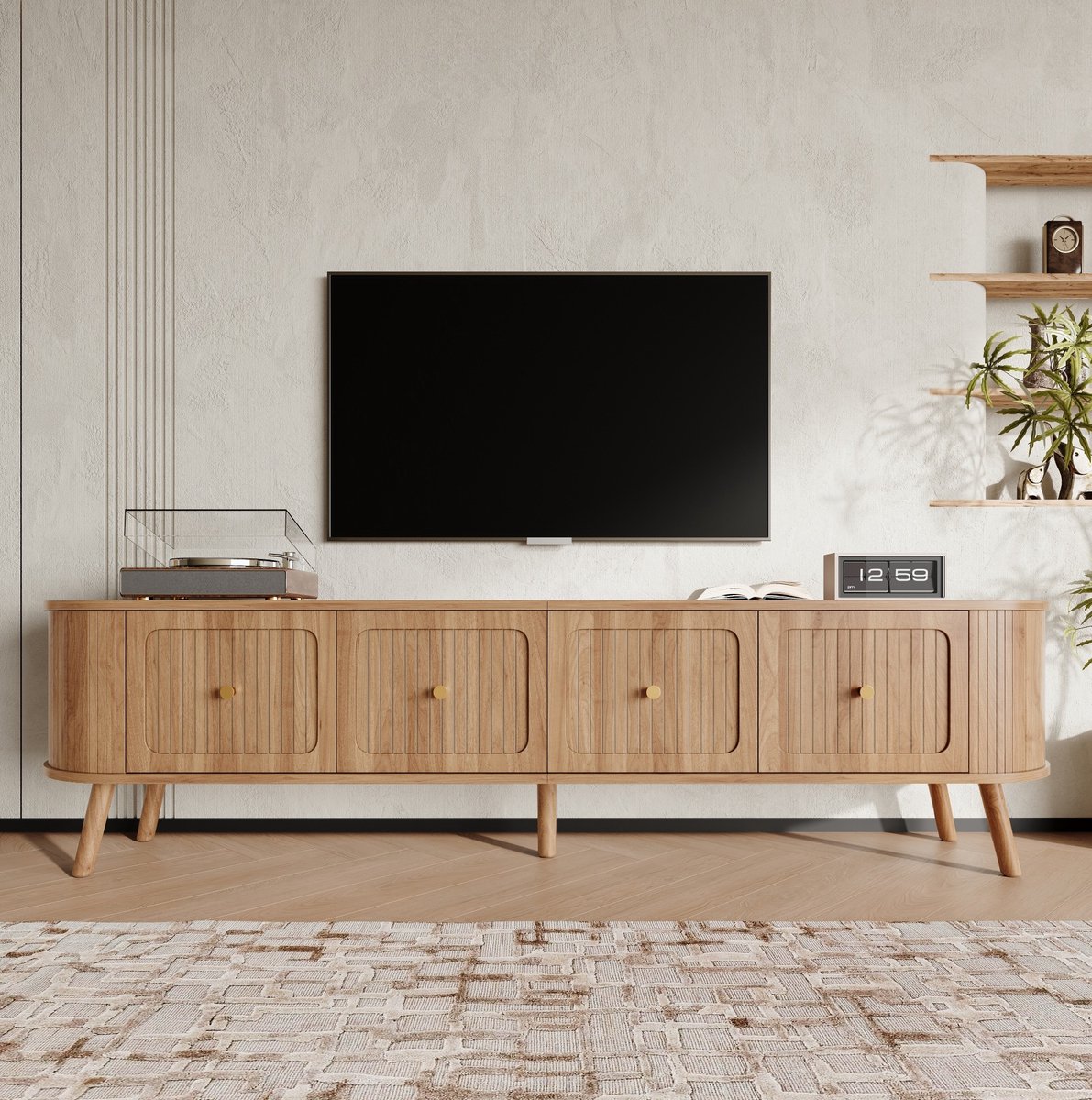 MEUNIQ TV-meubel 180 x 38 x 47 cm met 4 klepdeuren, goudkleurige handgrepen en houten poten voor audiovisuele apparatuur in de woonkamer, eiken