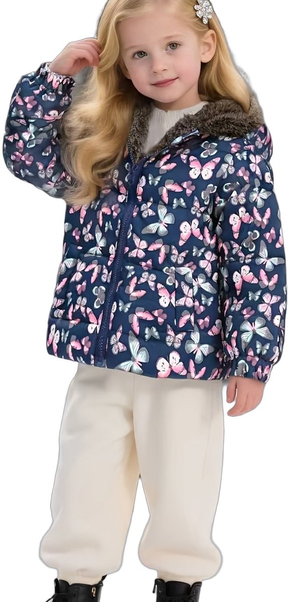 Currero Winterjas Parka Meisjes Lange Jas Meisje Wintermantel Overjas Gewatteerd Waterdicht Winter Stijlvol Mantel Kinderen Sterrennacht Vlinderdans 7-8 Jaar Blauw