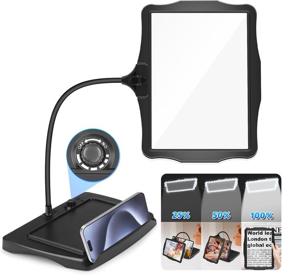 Zwarte vergrootglaslamp met flexibele arm en mobiele telefoonhouder, met verschillende lichtsterktes.