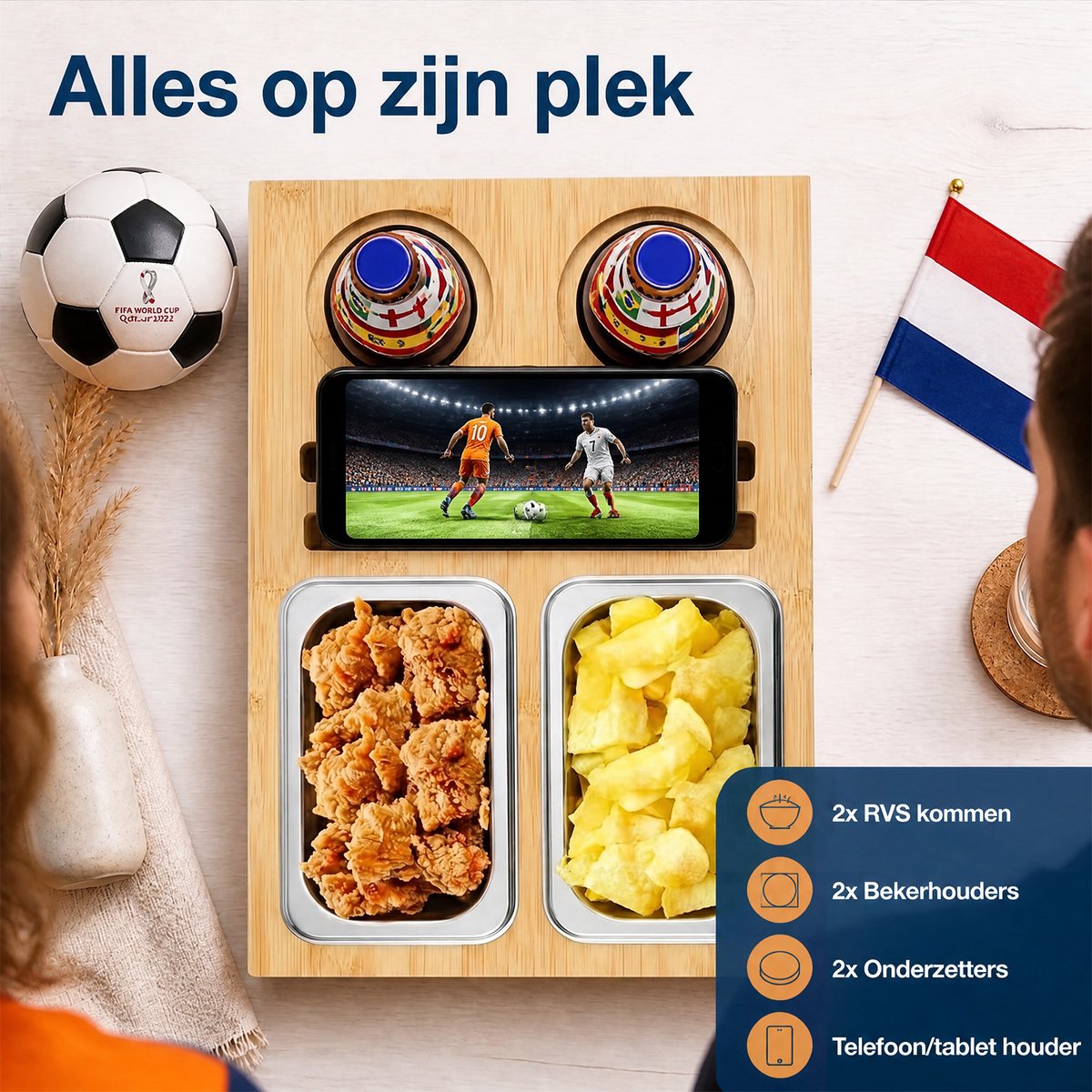Houten Tafel Organizer - Snack- en Drankhouder met 2 Bakjes en 2 Flessenhouders - Houten Opbergbak voor Snacks, Glazen en Flessen - Tafeltray met Onderzetters en Telefoonhouder - Dienblad van Bamboe — cadeau in Koken & Dineren - foto 3