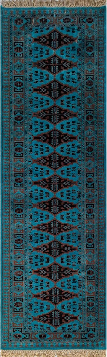 2x8ft Bokara Teal Wollen Loper Tapijt - Handgeknoopt Hal Tapijt