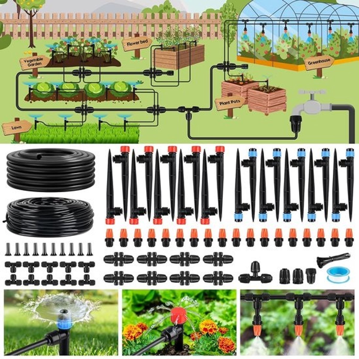 Automatisch druppelirrigatiesysteem voor tuin met verstelbare sproeiers en accessoires