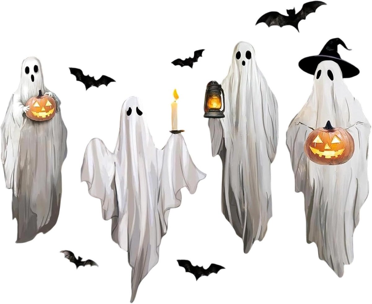 Raamstickers - 90 x 35 cm , statisch hechtende | Grote pvc-raamstickers met vintage aquarelgeest en vleermuis, statisch hechtend, voor Halloween, thuis, kantoor, feest
