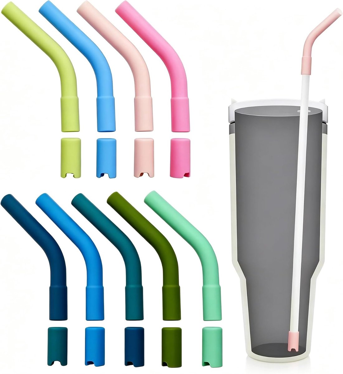 9 Sets Siliconen Rietjes Tips, Elleboog Mondstukken & Krasvaste Bodemhoezen, met Transparante Opbergdoos, 9 Kleuren Voedselveilig Herbruikbaar Vaatwasmachinebestendig 8mm Rietjes Accessoires