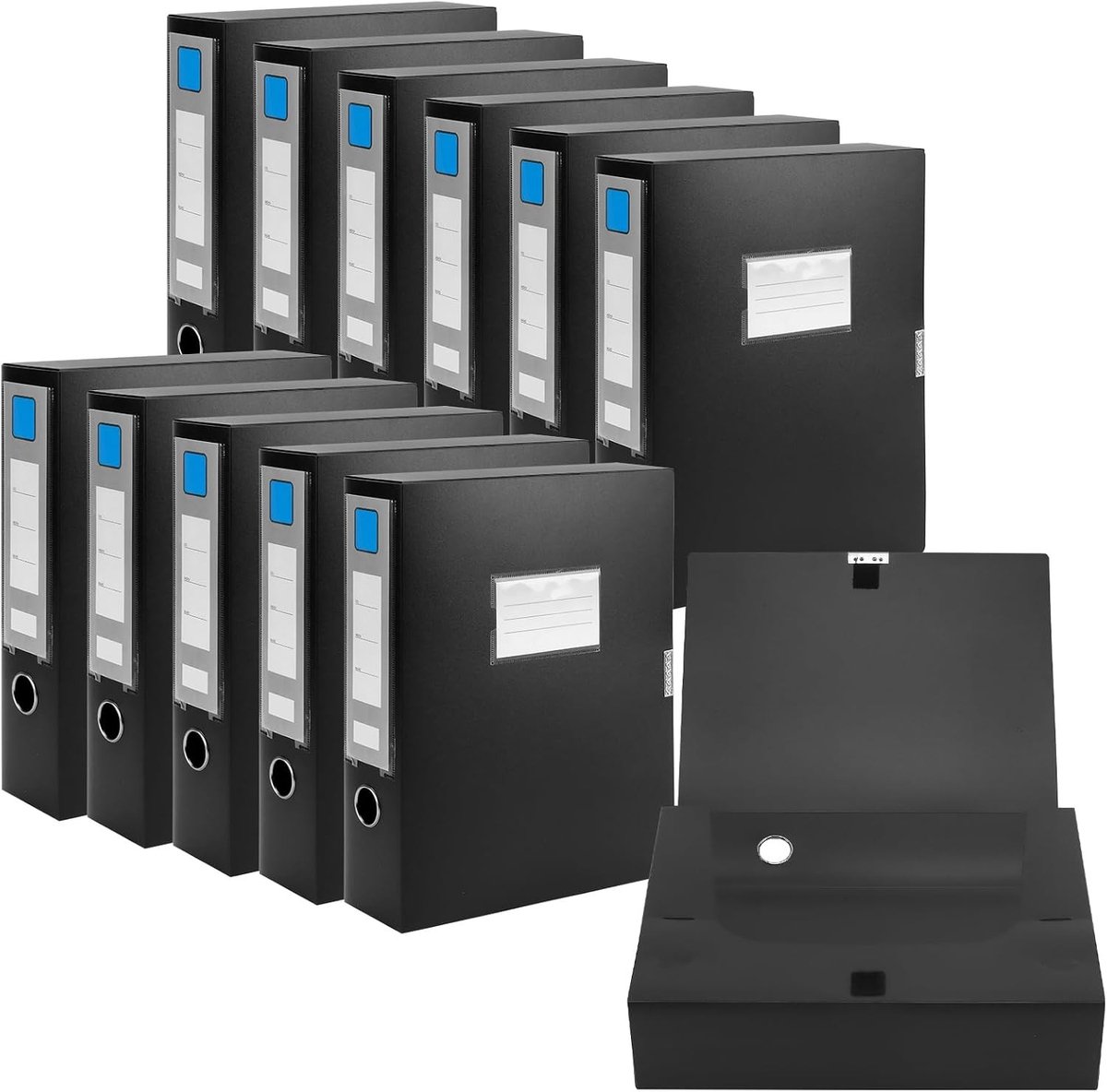 12 Pack A4 Box Files met 75mm Rug - Plastic Documentendozen voor Papieren, Foto's en Archivering - Zwart