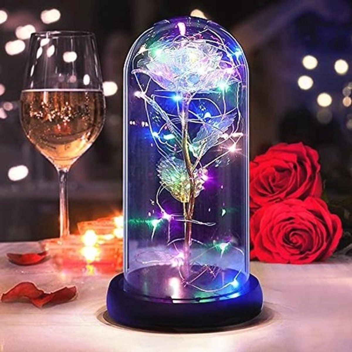Eeuwige roos in glas met ledlicht - romantisch cadeau voor vrouw, vriendin of leraren