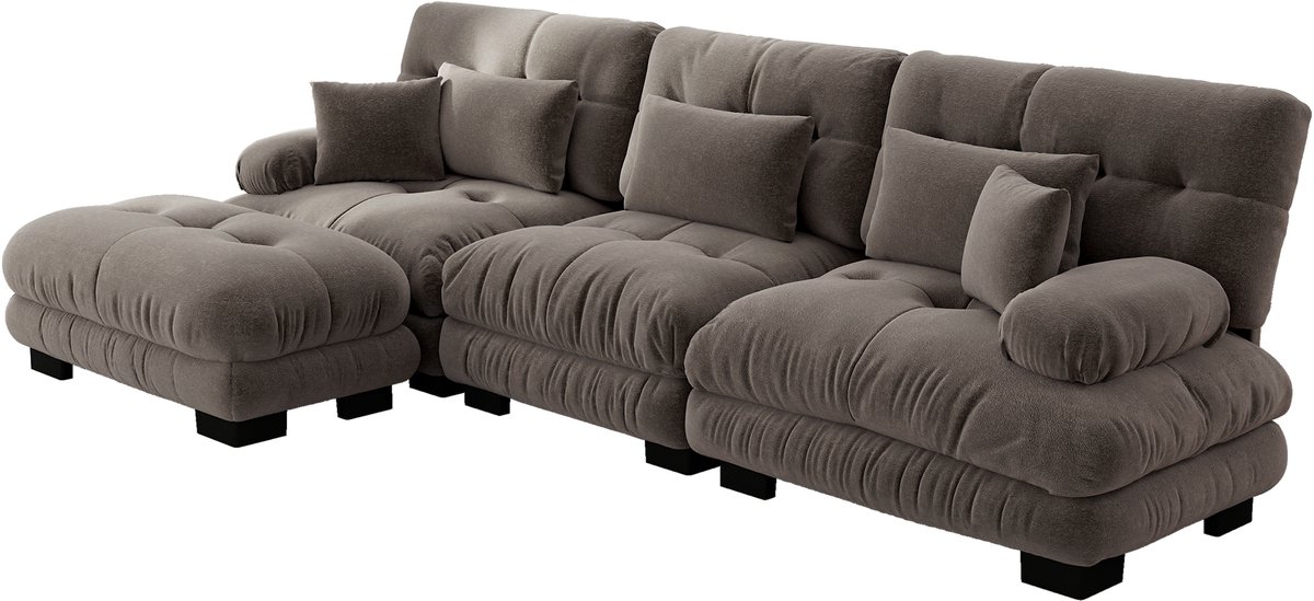 in& out door furniture Luxe Modulaire Hoekbank 313 cm – XL Cloud Sofa met Slaapfunctie – Chenille – Bruin Donkergrijs