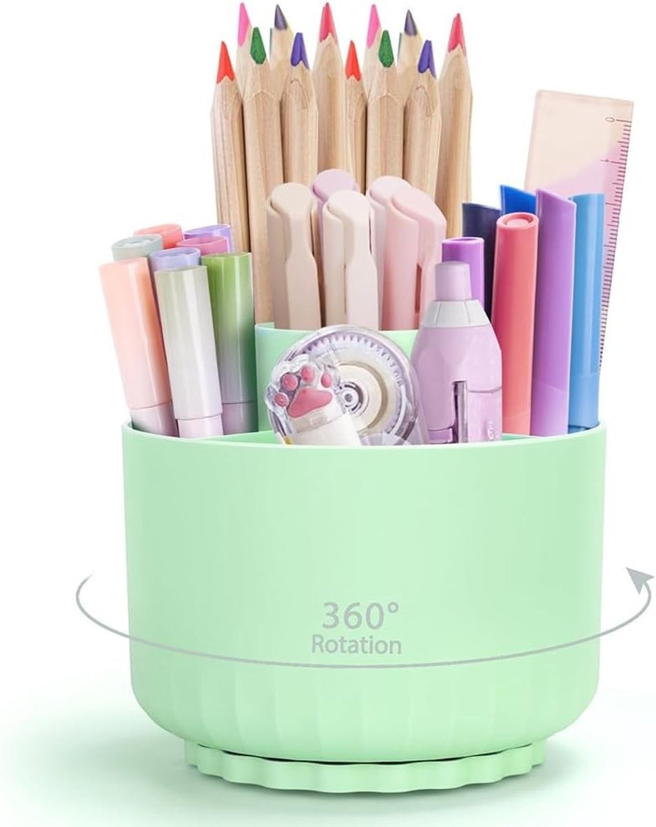 360 Graden Draaibare Pennenhouder, Desk Organizer met 5 Compartimenten voor Kantoor en School, Ideaal voor Potloden en Kantoorbenodigdheden, Groen
