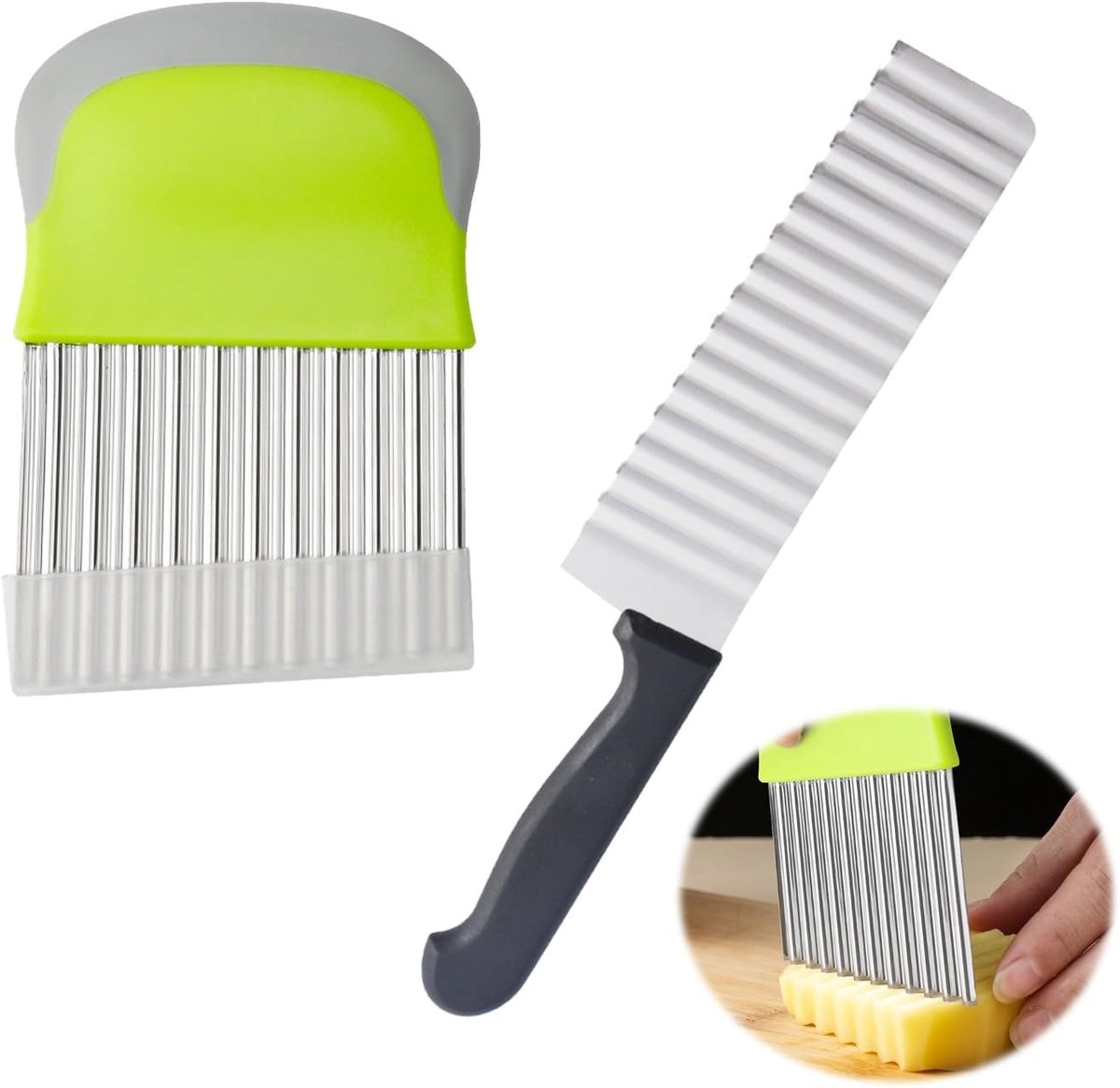Set van 2 van roestvrij staal 304, het aardappelmes en ribbelmes met beschermhoes, professioneel golfmes voor groenten, aardappelen, fruit, uien, crinkle cutter voor creatieve salades