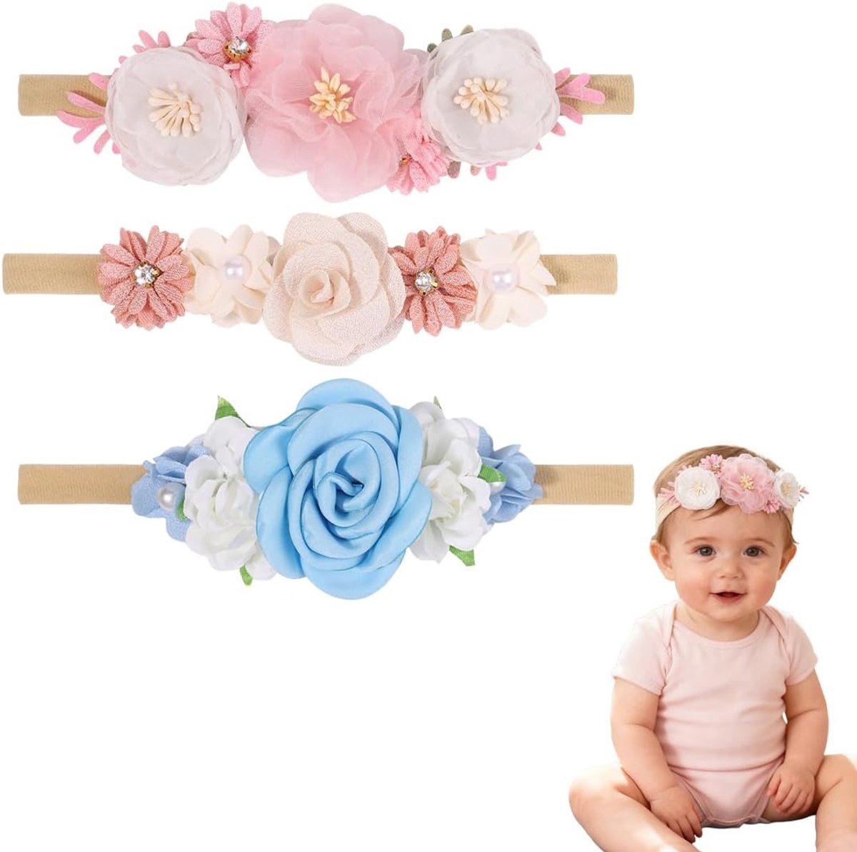 3 stuks babyhaarband voor meisjes, zachte elastische hoofdbanden met bloemen en strikken, pasgeborenen haarbandset voor fotoshoots, dagelijks gebruik en cadeau