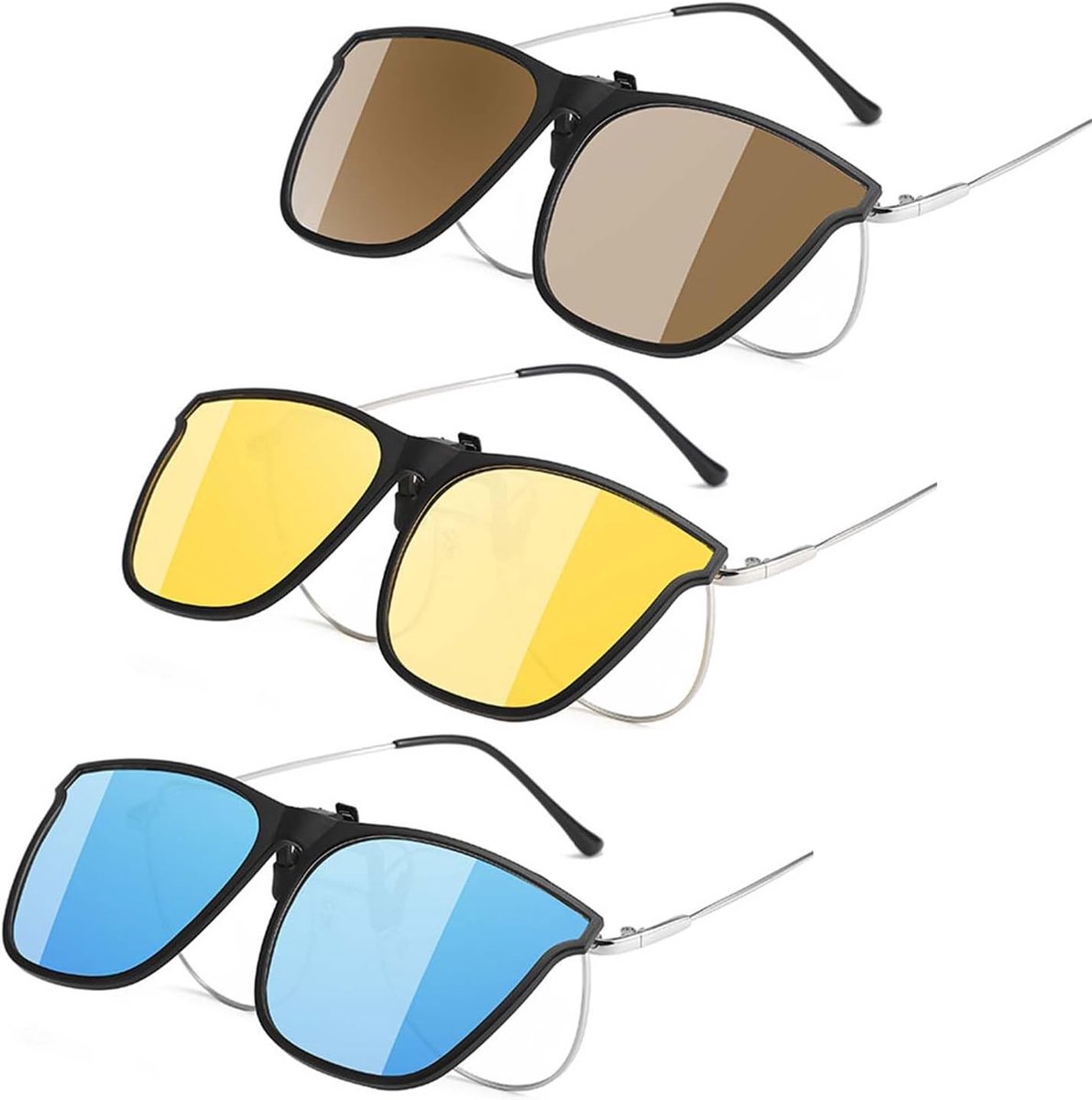 Zonnebrillen, opzetbril, clip-on zonnebril, zonnebril voor brildragers, optilbaar en ultralicht, om op te steken, voor heren en dames, 100% UV400, Meerkleurig