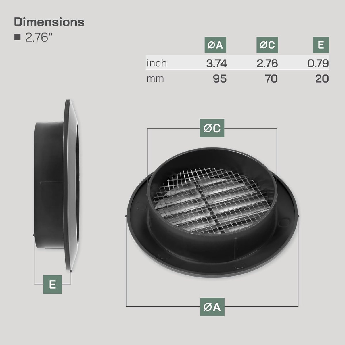 Systems 2,75 inch zwart rooster/kanaaldeur luchtregister - mini-cirkel - ventilatierooster - indoor ventilatieroosters - badkamer, kast, garage door de deur ventilatierooster