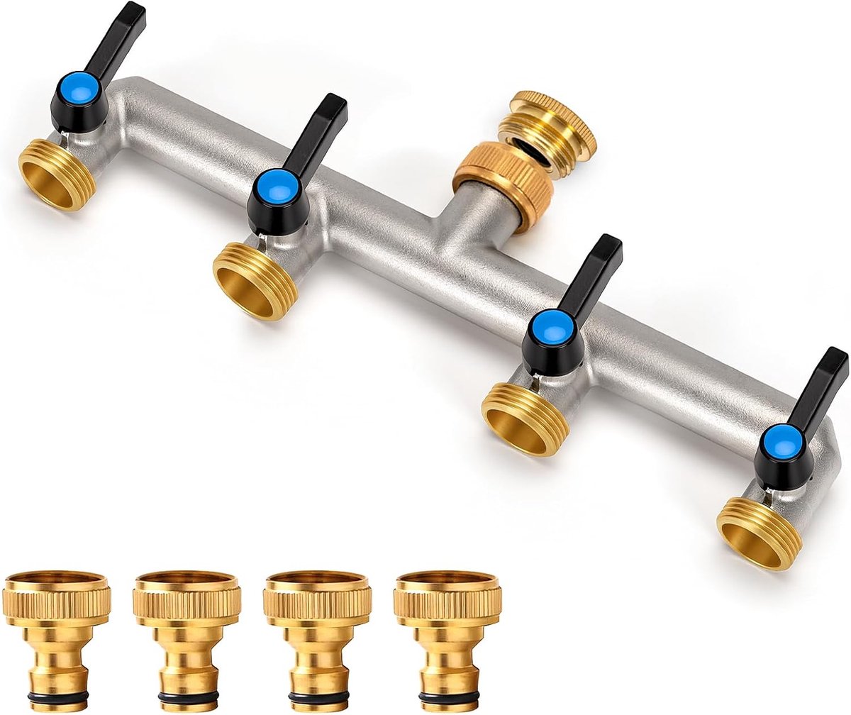 4-weg, messing wateraansluitverdeler, verlengde handgreep, 3/4 inch adapter met 4 stuks 3/4 inch naar 1/2 inch kraanaansluiting voor huis, binnenplaats, wasmachine
