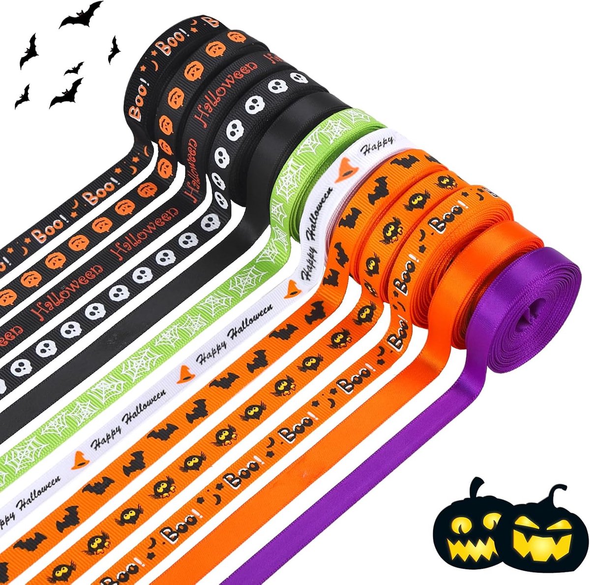 12 rollen Halloween lint, 59 meter Halloween geschenken inpaklint, spook pompoen vleermuis spin ambachtelijke grosgrain lint, herfst decoratief lint voor Halloween Thanksgiving feestkrans doe-het-zelf