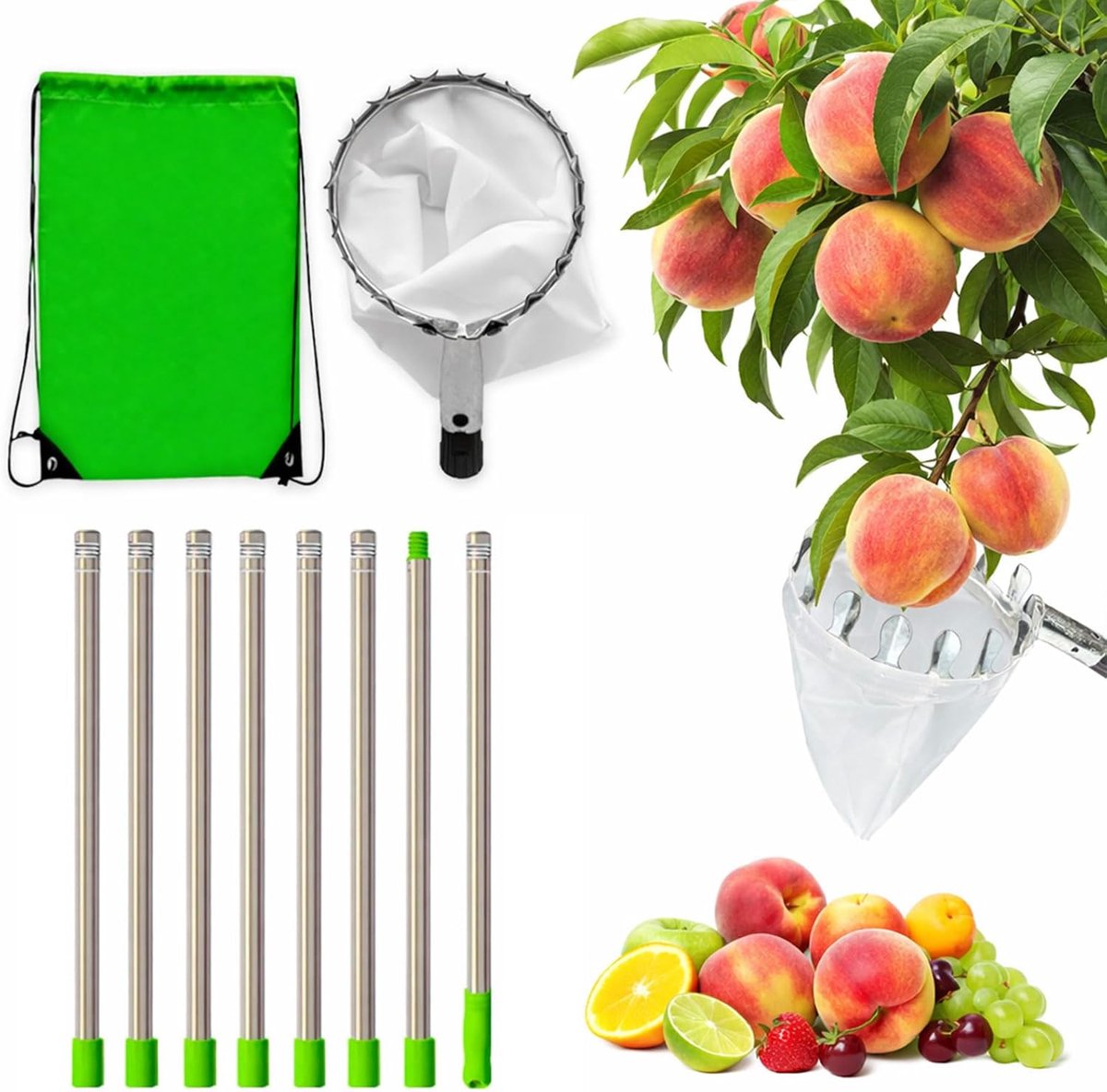 Fruitplukker met telescoopsteel, 3,2 m appelplukker met roestvrijstalen telescooppaal en katoenen zak, fruitverzamelaar, plukhulp, kersenplukker voor peren, citrus, sinaasappel, plukken