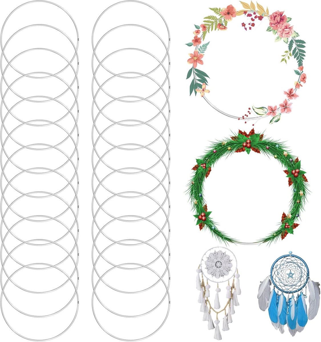 Ringen om te knutselen, 20 cm, 24 stuks zilveren dromenvanger-ringen, decoratieve ringen om op te hangen voor dromenvanger, macramé, bloemistisch en wandkleden, draadringen om te knutselen