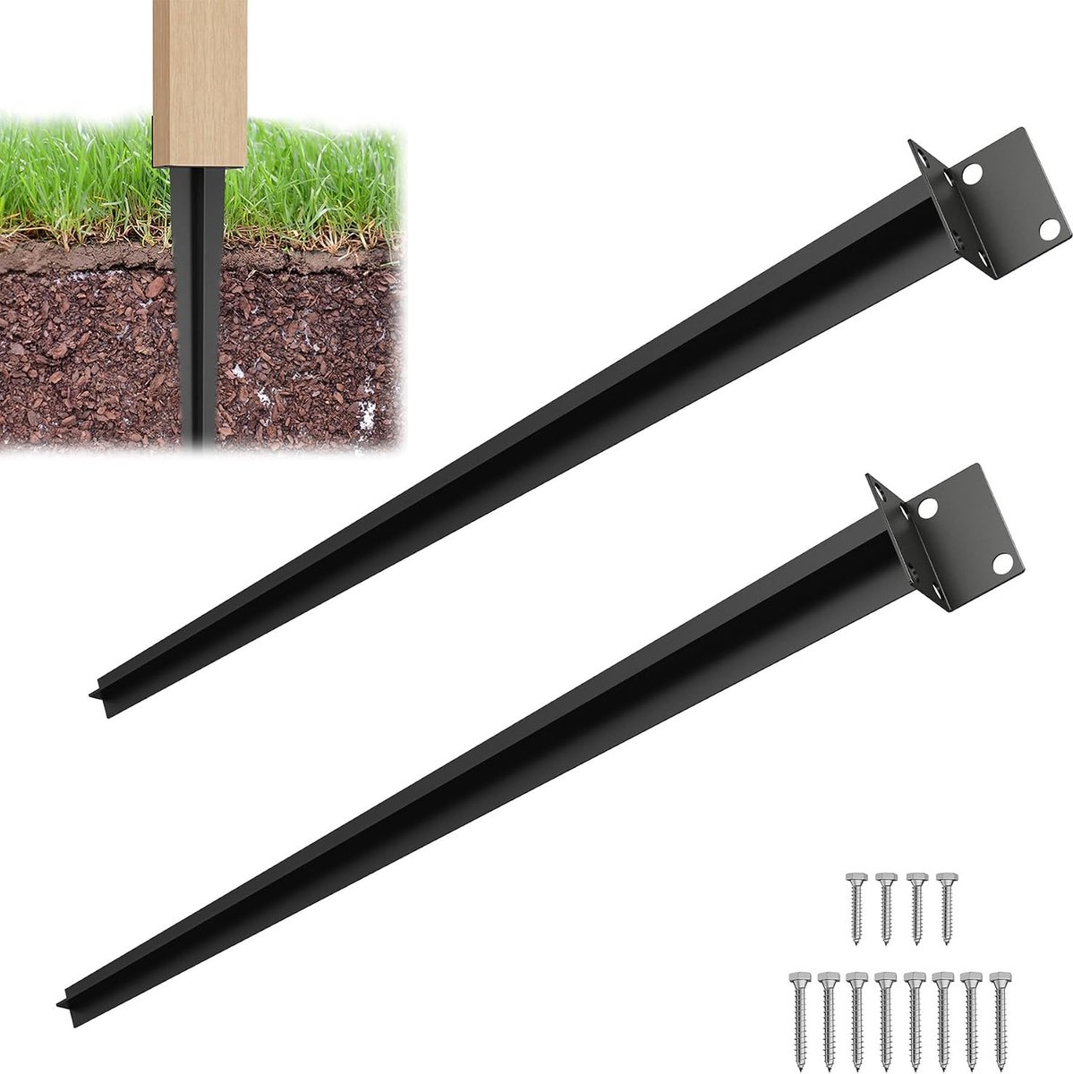 Grondhuls, inslaghuls, L-vorm, 70 cm, thermisch verzinkt, 2 mm, metalen paaldrager voor houten palen, metalen palen, 2 stuks, zwart, grondanker, grondpen, geschikt voor omheining, carport