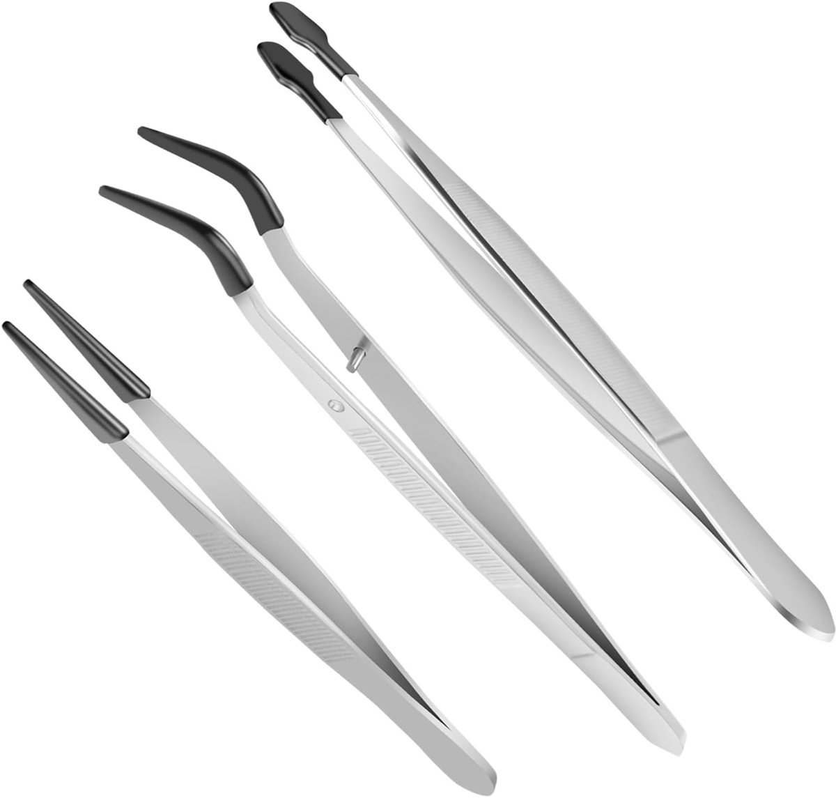 3 pincetten met rubberen punt, 15,2 cm, plat, recht, pincet met gebogen punt van 15,2 cm en puntige pincet van 11,9 cm
