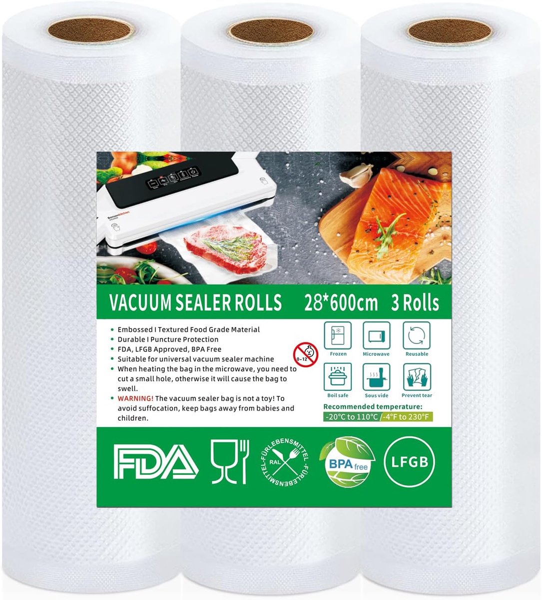3 rollen vacuümzakken, 28 x 600 cm, vacuümzakken voor levensmiddelen, BPA-vrij, scheurvast, 190 µm, vacuümfolierol voor alle vacuümverpakkers, magnetrons, sous-vide vrieszakken