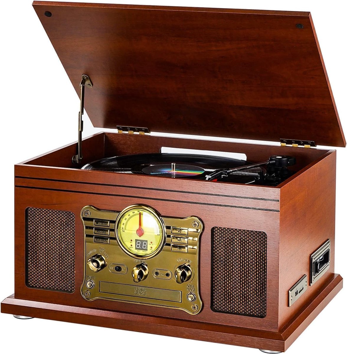Bluetooth met stereoluidsprekers, ondersteuning vinyl-to-mp3 opname-converter met cd, cassettespeler, FM, aux-in en hoofdtelefoonaansluitingen