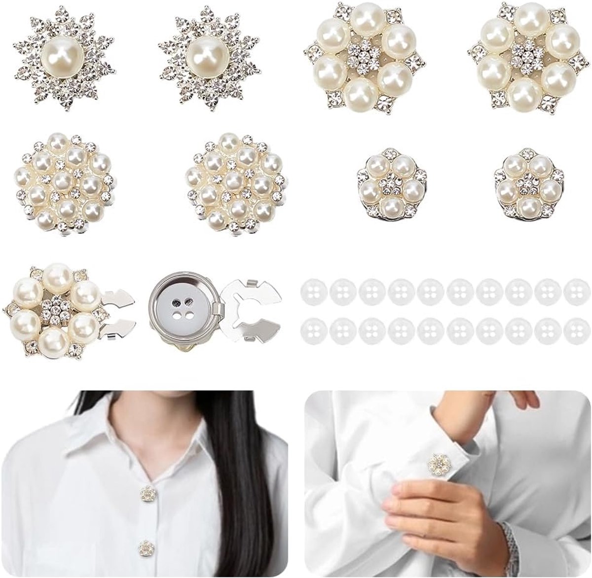 Knopen sieraden afdekkingen messing strass knoopafdekkingen parel bloemen knopen clips voor vrouwen blouses overhemden doe-het-zelf handwerk