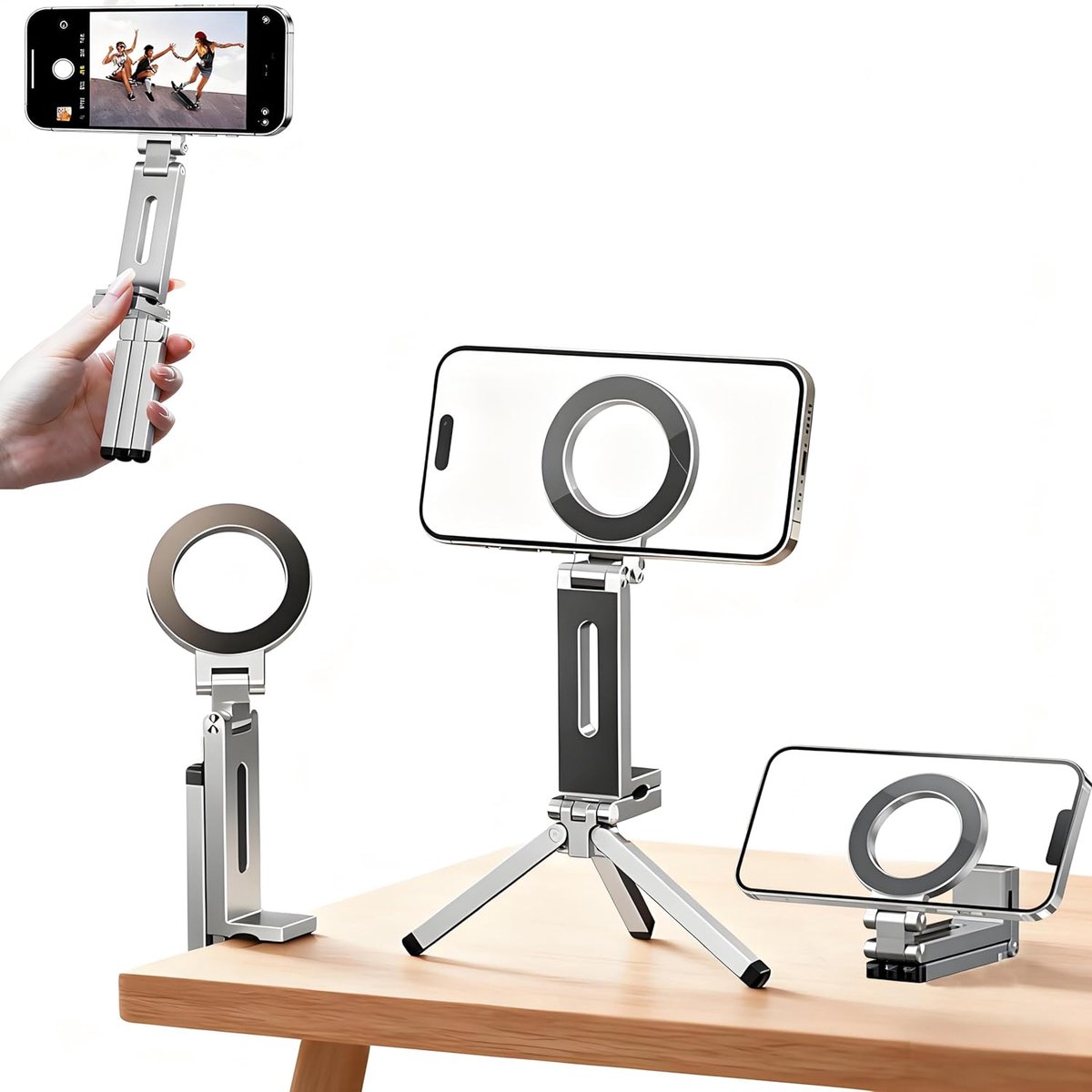 Magnetische telefoonhouder, multifunctionele 360° verstelbare telefoonstandaard, opvouwbare aluminium telefoonstandaard voor tafel, compatibel met alle smartphones