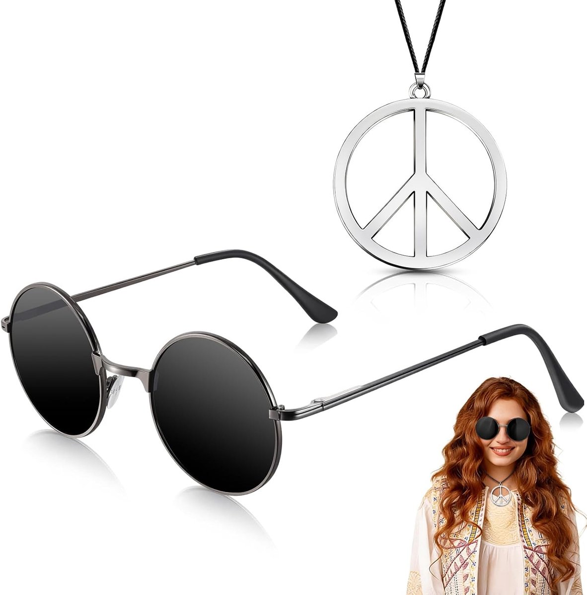 Accessoires voor dames en heren, peace-teken, halsketting, hippiebril, vredesteken halsketting, retro ronde zonnebril, hippiekostuum, accessoires voor carnaval, Halloween, feest