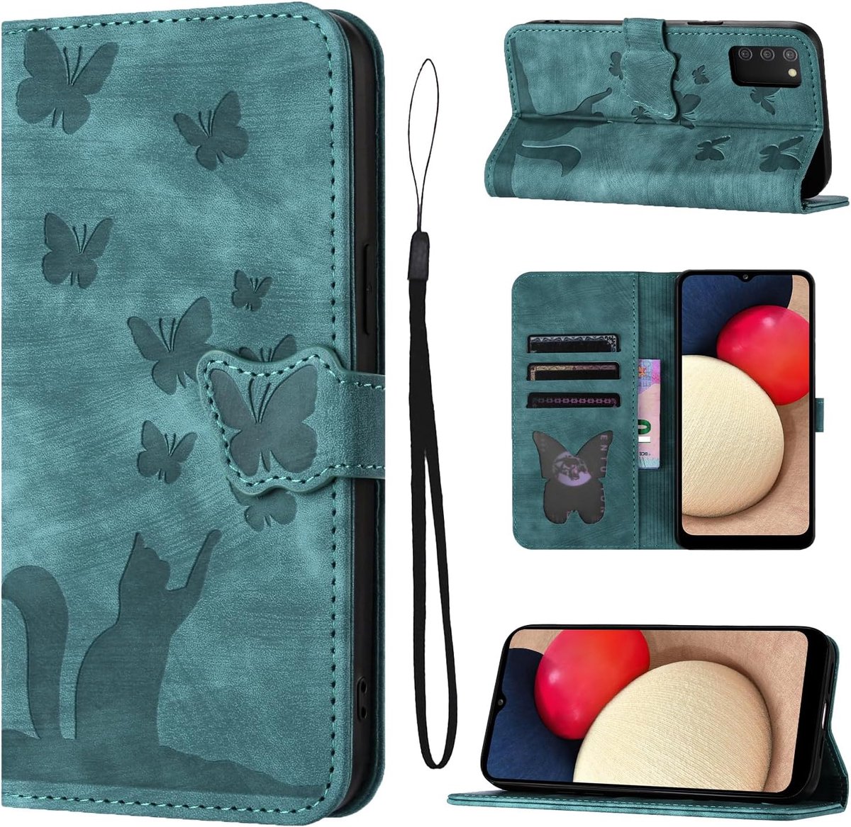 Beschermhoesje voor Samsung Galaxy A02s Hoge kwaliteit PU Leer Materiaal Samsung A02s Hoesje Met Kaartsleuven Katten Vlinderpatroon Samsung Galaxy A02s Hoes Groen