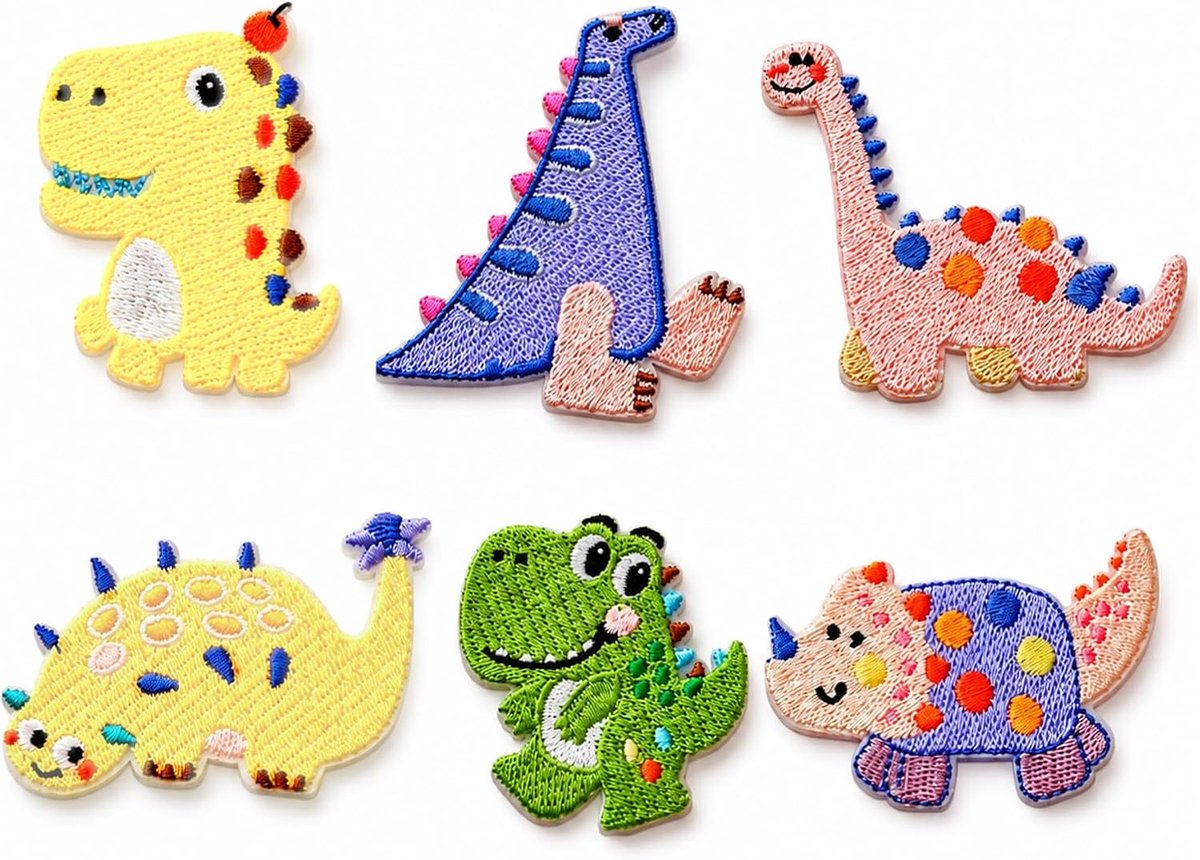 6 stuks opnaaipatches Dinosaurussen zelfklevend, kleurrijke patches om op te naaien, borduurmotieven voor kleding, rugzak, jeans, T-shirt DIY