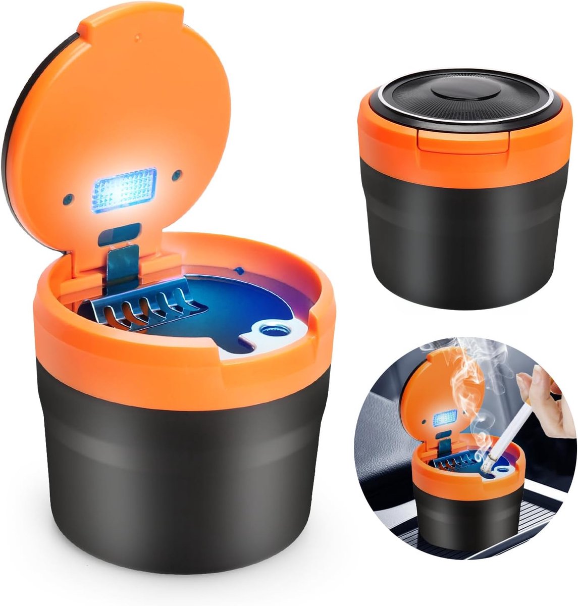Draagbaar voertuig, rookvrije asbak, sigaret met deksel en blauw ledlicht, mini auto-afvalemmer voor auto's, vans, outdoor, camping, oranje