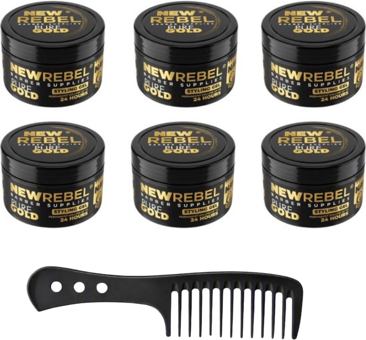 New Rebel Hair Gel Wet Look – Ultra Sterke Haar Gel – Langdurige Hold – 6 x 450 ml + 1 Styling kamen – Pure Gold