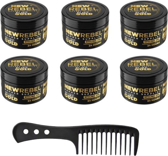 Zes potjes New Rebel Pure Gold styling gel, elk 450 ml, met een zwarte kam.