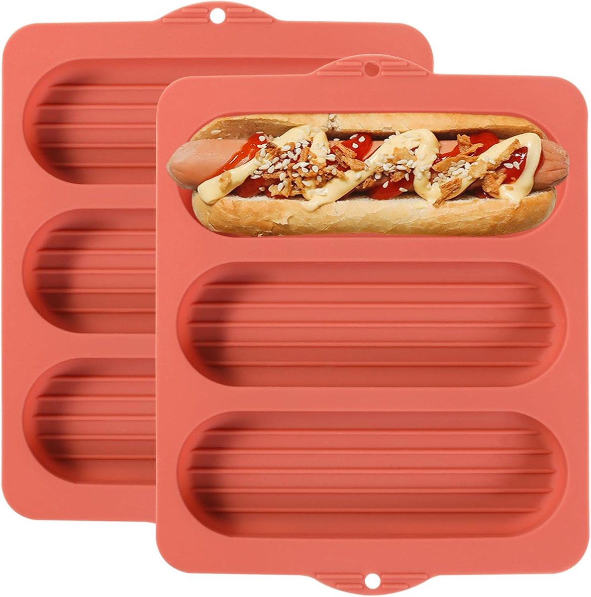 Hot-dog-broodjesvormen om te bakken, Franse baguette-bakvormen met anti-aanbaklaag, 3 putten, terracotta oranje, set van 2
