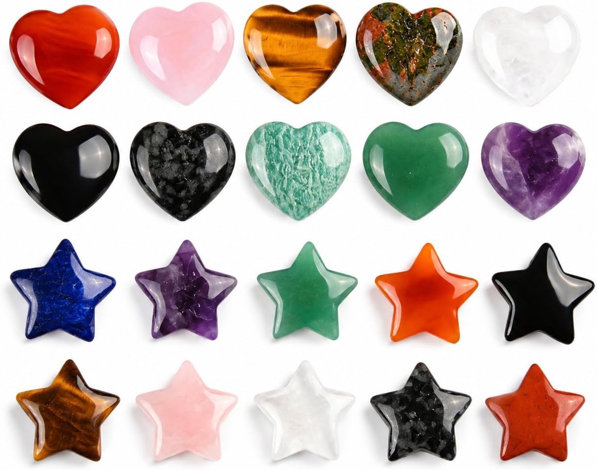 20 stuks edelstenen set hart ster, 2 cm kleurrijke kristallen stenen, mini geluksbrenger, kleine edelstenen voor decoratie, doe-het-zelf cadeau, compacte zakstenen voor verzameling en decoratie