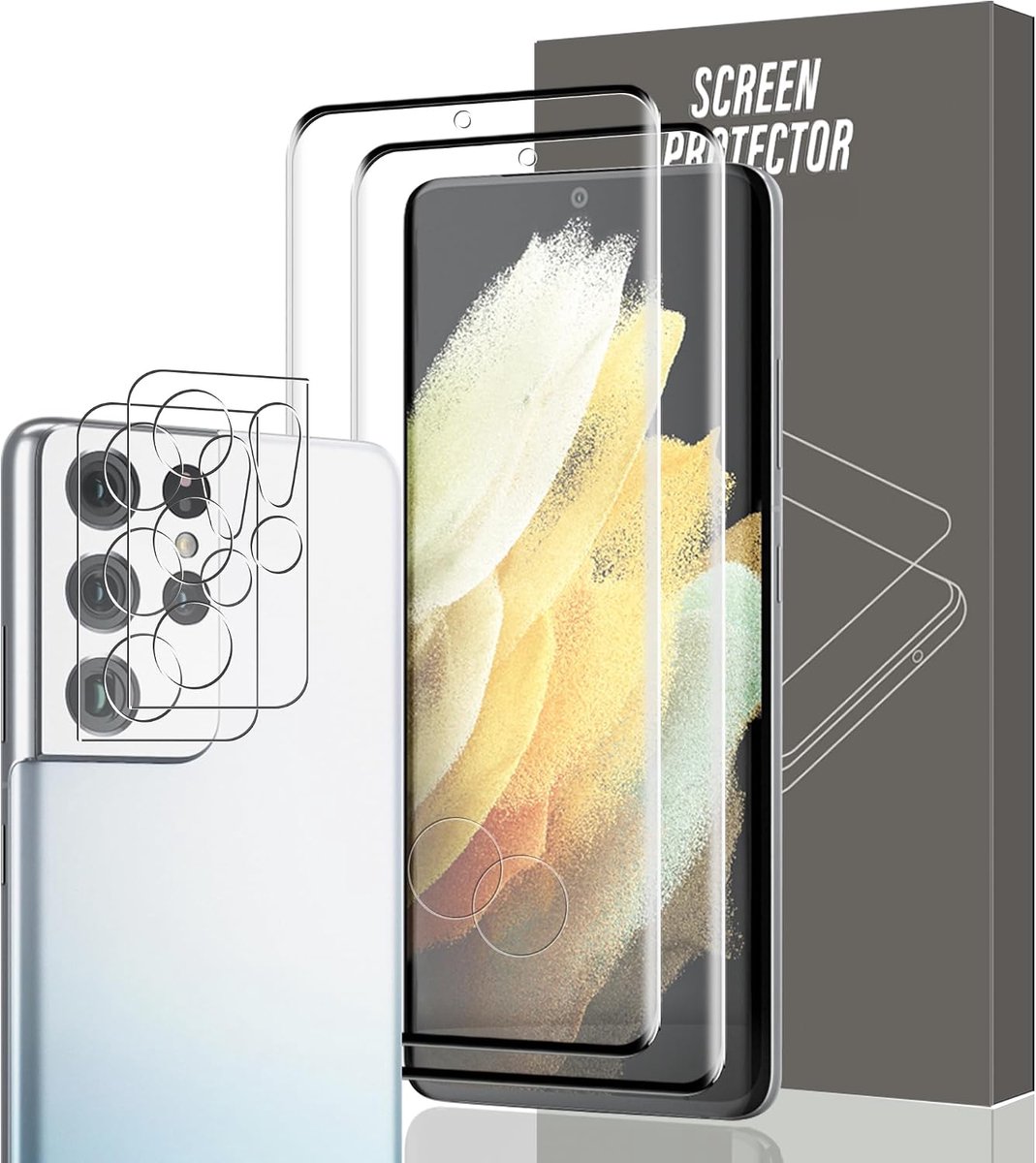 2+2 stuks Displaybeschermfolie Beschermingsset voor Samsung Galaxy S21 Ultra – Gehard glas voor scherm + camerabeschermer, 9H krasbestendig, HD helder