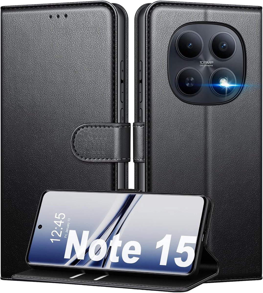 Beschermhoesje voor Xiaomi Redmi Note 15 4G, boek van PU-leer, met 2 stuks displaybeschermfolie van gehard glas, stootvaste portemonnee, RFID-blokkering, standfunctie, kaartsleuven, zwart