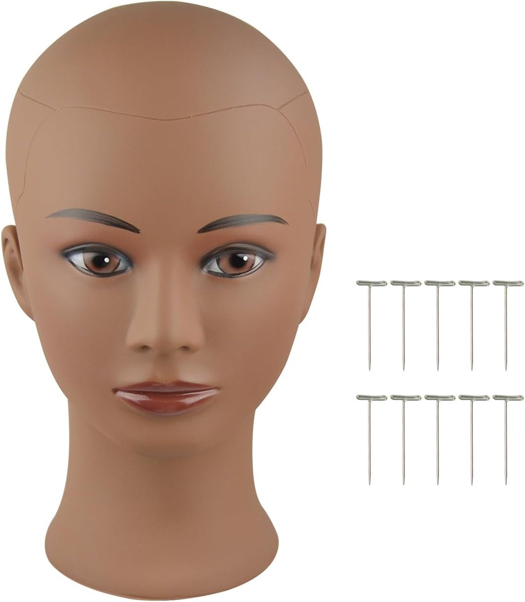 Professionele Pruikhoofd Mannequin Zonder haar voor het Maken en Weergeven van Pruiken, Hoeden en Bril met T-pinnen (Donkerbruin 20 inch)