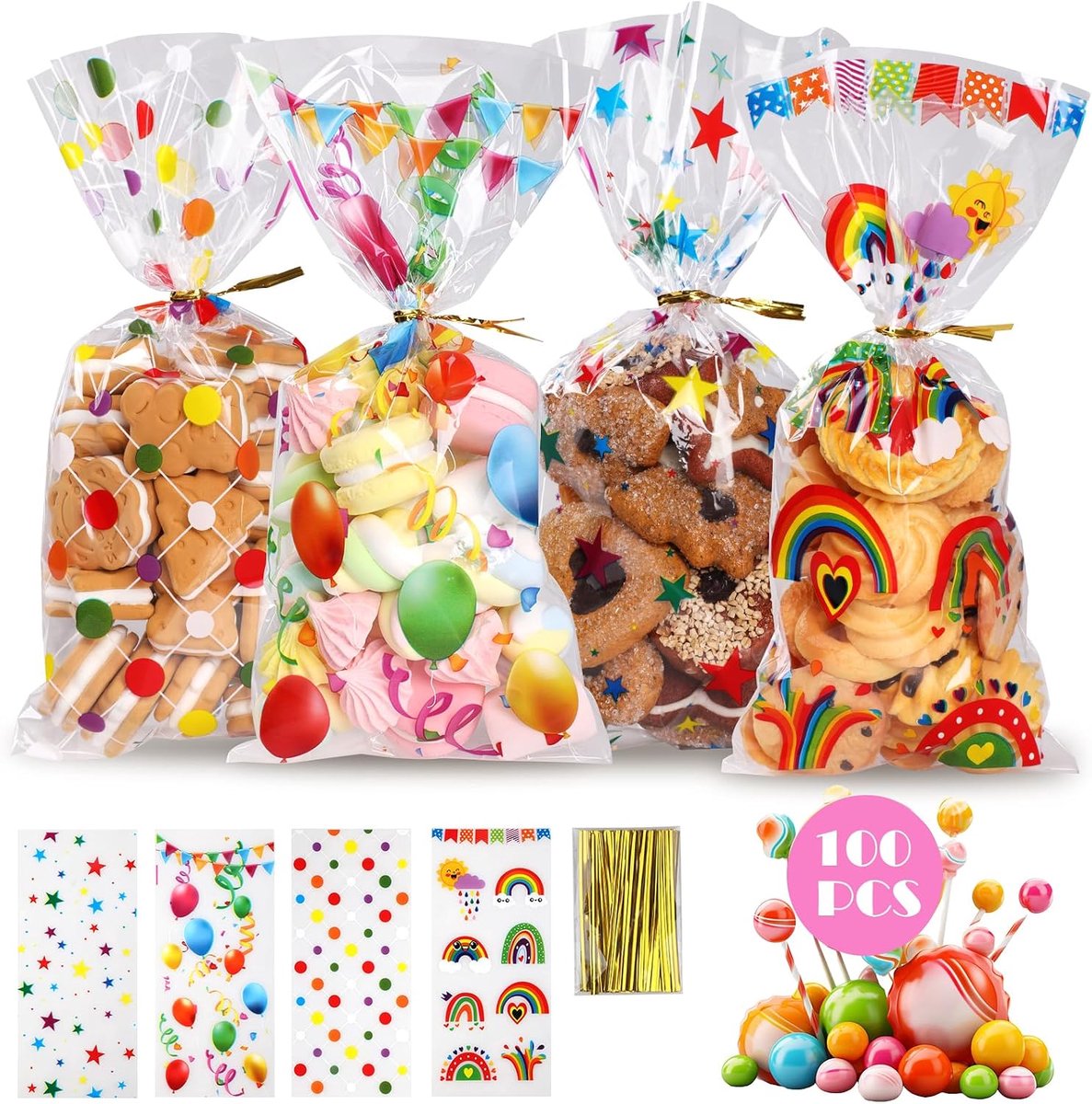 Cellofaanzakjes 100 stuks, zakjes voor snoep en koekjes, goody tassen, pralinezakjes met strepen, regenboog- en sterrenpatronen voor Pasen, Valentijnsdag, verjaardag, Nieuwjaar