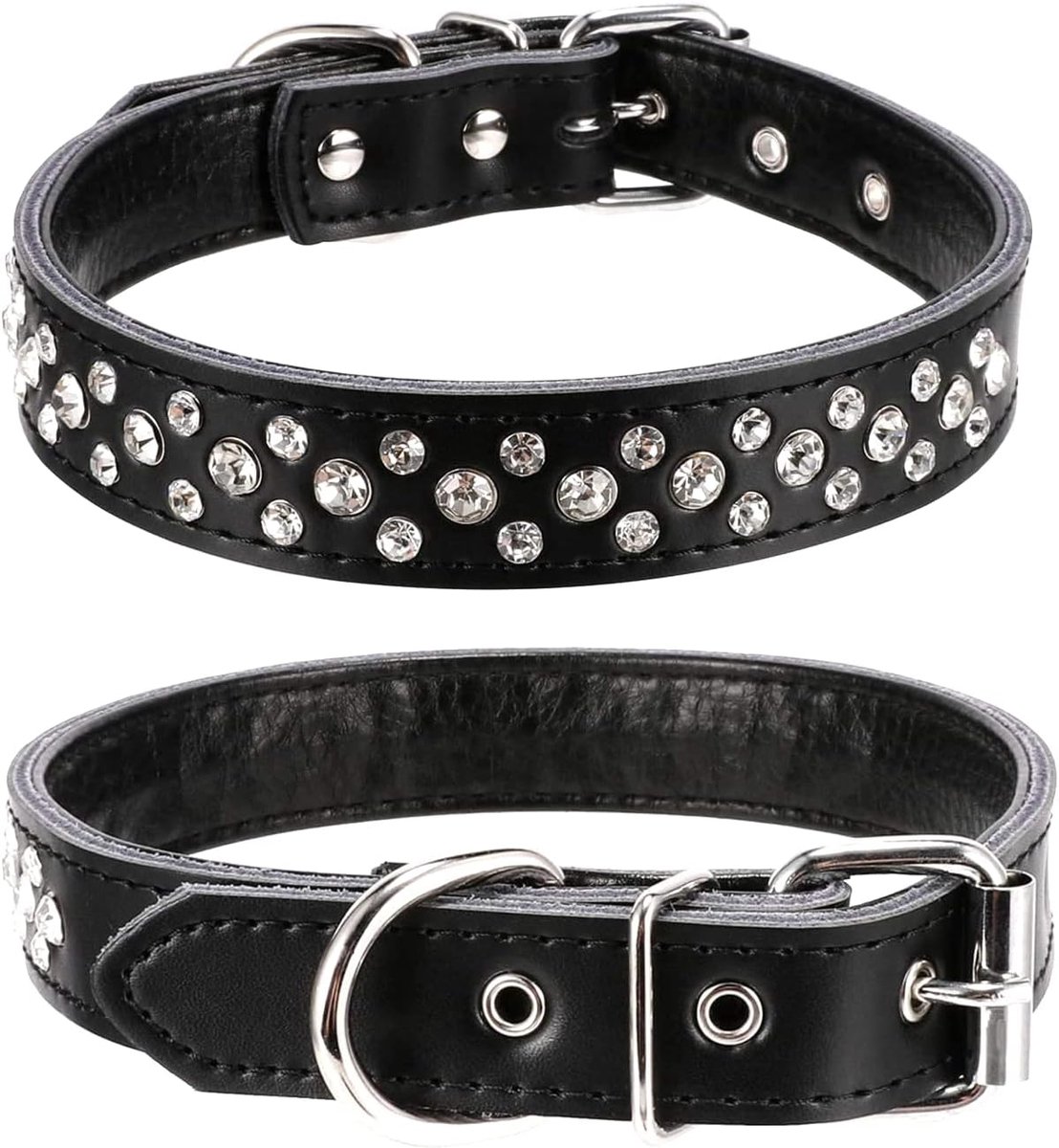 Strass hondenhalsband, verstelbare, sprankelende, kristal bezette, echte lederen halsband voor huisdier/hond voor kleine en middelgrote honden (L, Zwart)
