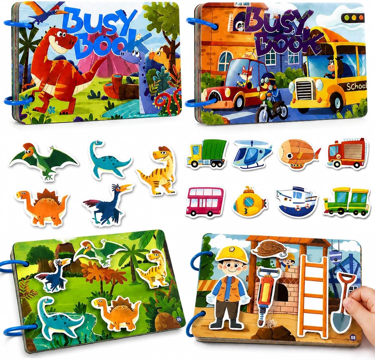 Busy Book 2-delige set jaar, dinosaurussen & voertuigen, activiteitenboek, Quiet Book met toewijzingsspellen, motoriek en educatief speelgoed, reisspeelgoed voor jongens en