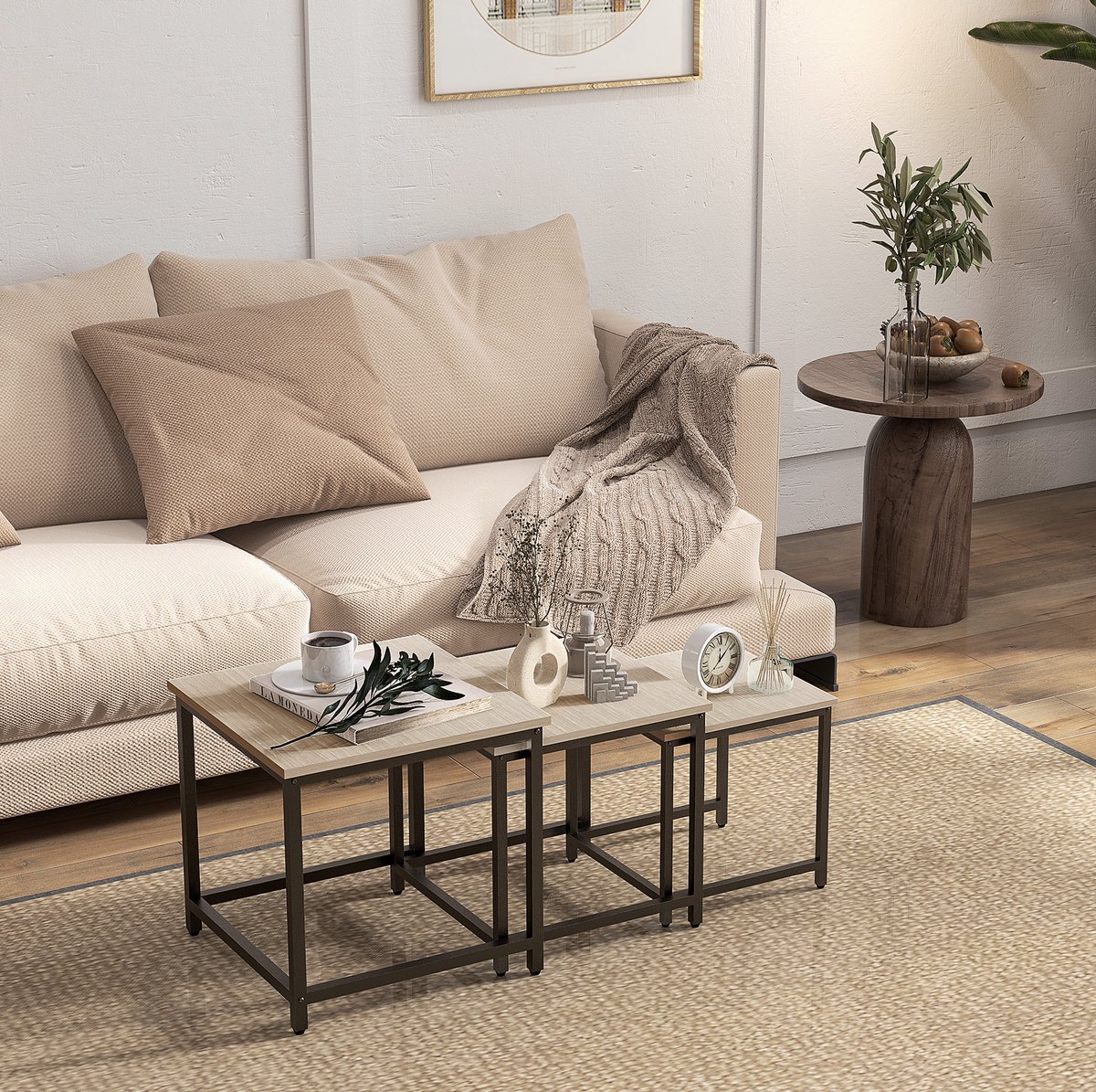 STILVORA 3 Delige Salontafelset met Nestbare Bijzettafels voor Woonkamer en Zithoek van Spaanplaat en Staal Naturel Houtlook 45 bij 45 bij 44 cm
