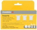 Medela verpakking met de tekst "Inserts" en maten 2x 15mm, 2x 18mm, 2x 21mm. Geel en wit.