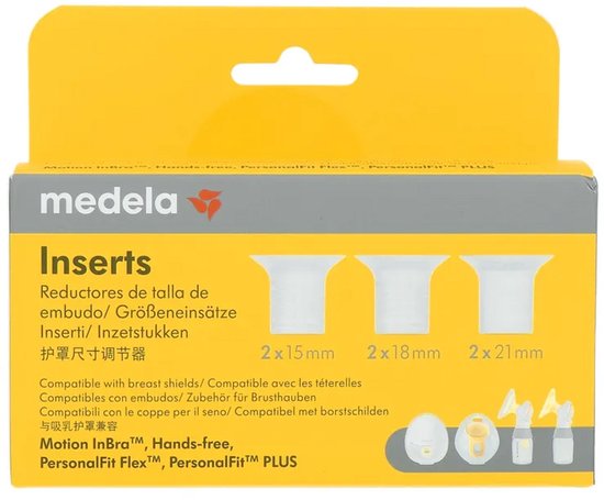 Medela verpakking met de tekst "Inserts" en maten 2x 15mm, 2x 18mm, 2x 21mm. Geel en wit.